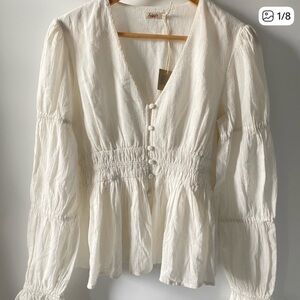 Faherty Cream Peasant Blouse Button Front Long Sleeve Top S NWT